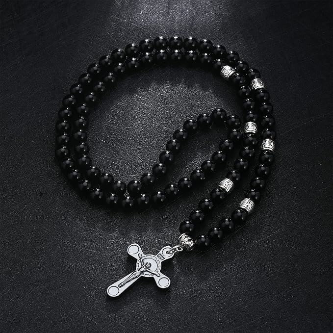Retro Noble Style Crucifix Black Gallstone Beads Pendant Necklace - image 2