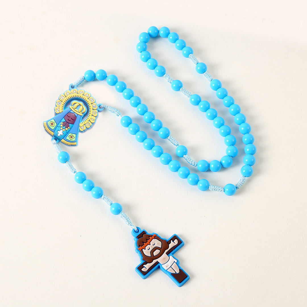 Guardian Angel & Crucifix of 8 mm Round Pink/Blue Acrylic Nylon Cord Child Rosary - Our Lady - Blue - image 4