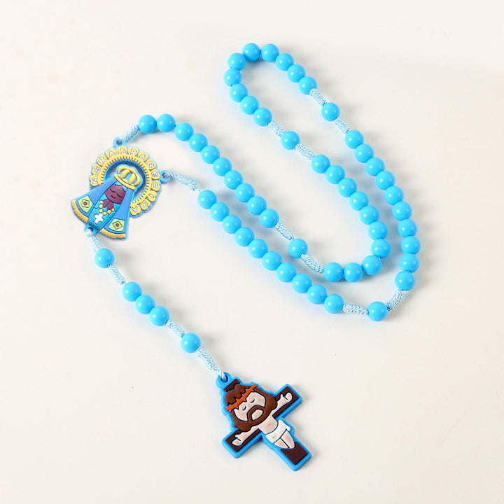Guardian Angel & Crucifix of 8 mm Round Pink/Blue Acrylic Nylon Cord Child Rosary - Our Lady - Blue - image 4
