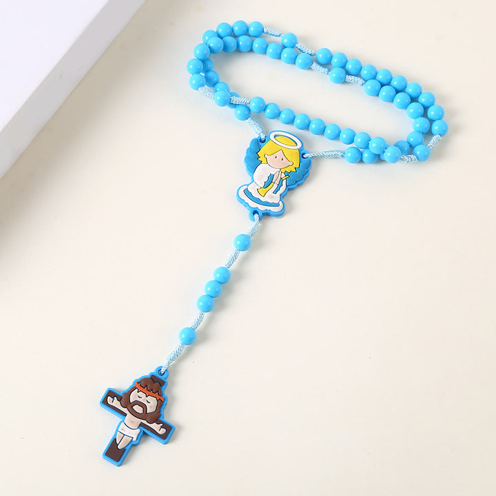 Guardian Angel & Crucifix of 8 mm Round Pink/Blue Acrylic Nylon Cord Child Rosary - image 10
