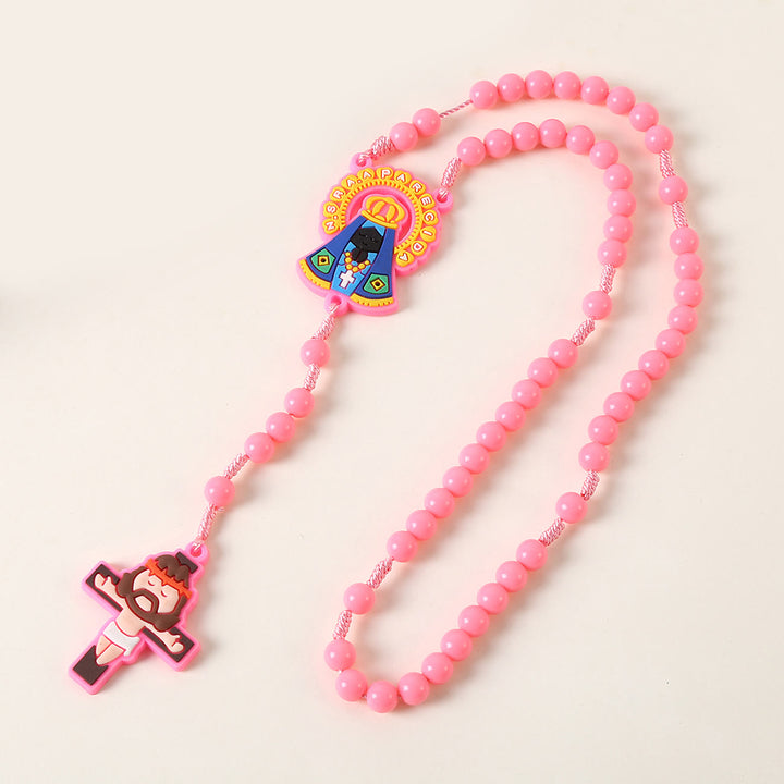 Guardian Angel & Crucifix of 8 mm Round Pink/Blue Acrylic Nylon Cord Child Rosary - image 7