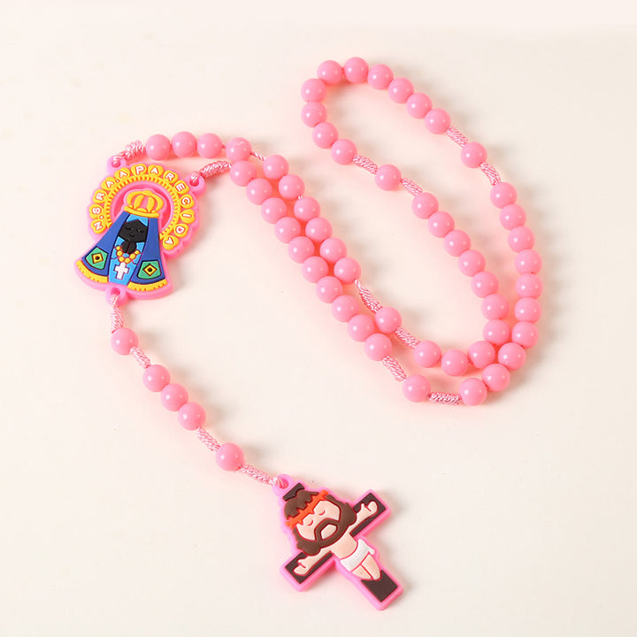Guardian Angel & Crucifix of 8 mm Round Pink/Blue Acrylic Nylon Cord Child Rosary - Our Lady - Pink - image 3