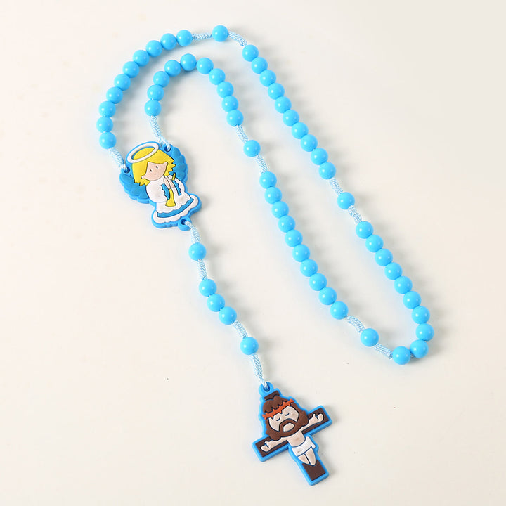 Guardian Angel & Crucifix of 8 mm Round Pink/Blue Acrylic Nylon Cord Child Rosary - Guardian Angel - Blue - image 2