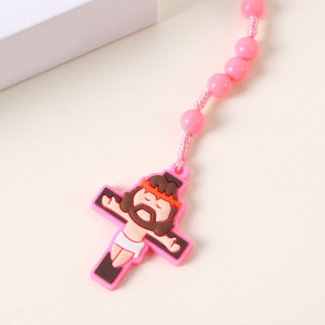 Guardian Angel & Crucifix of 8 mm Round Pink/Blue Acrylic Nylon Cord Child Rosary - image 8