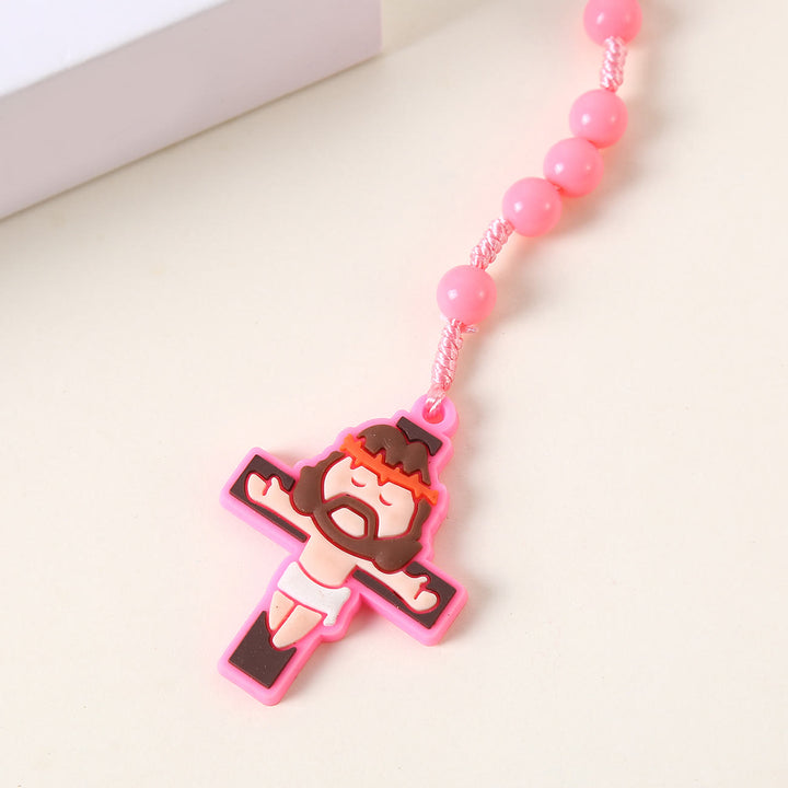 Guardian Angel & Crucifix of 8 mm Round Pink/Blue Acrylic Nylon Cord Child Rosary - image 8