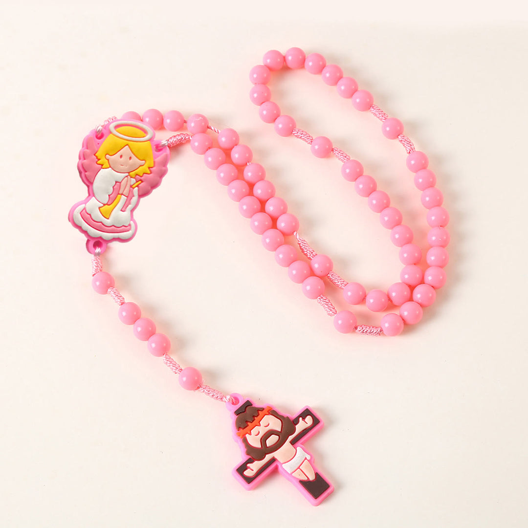Guardian Angel & Crucifix of 8 mm Round Pink/Blue Acrylic Nylon Cord Child Rosary - Guardian Angel - Pink - image 1