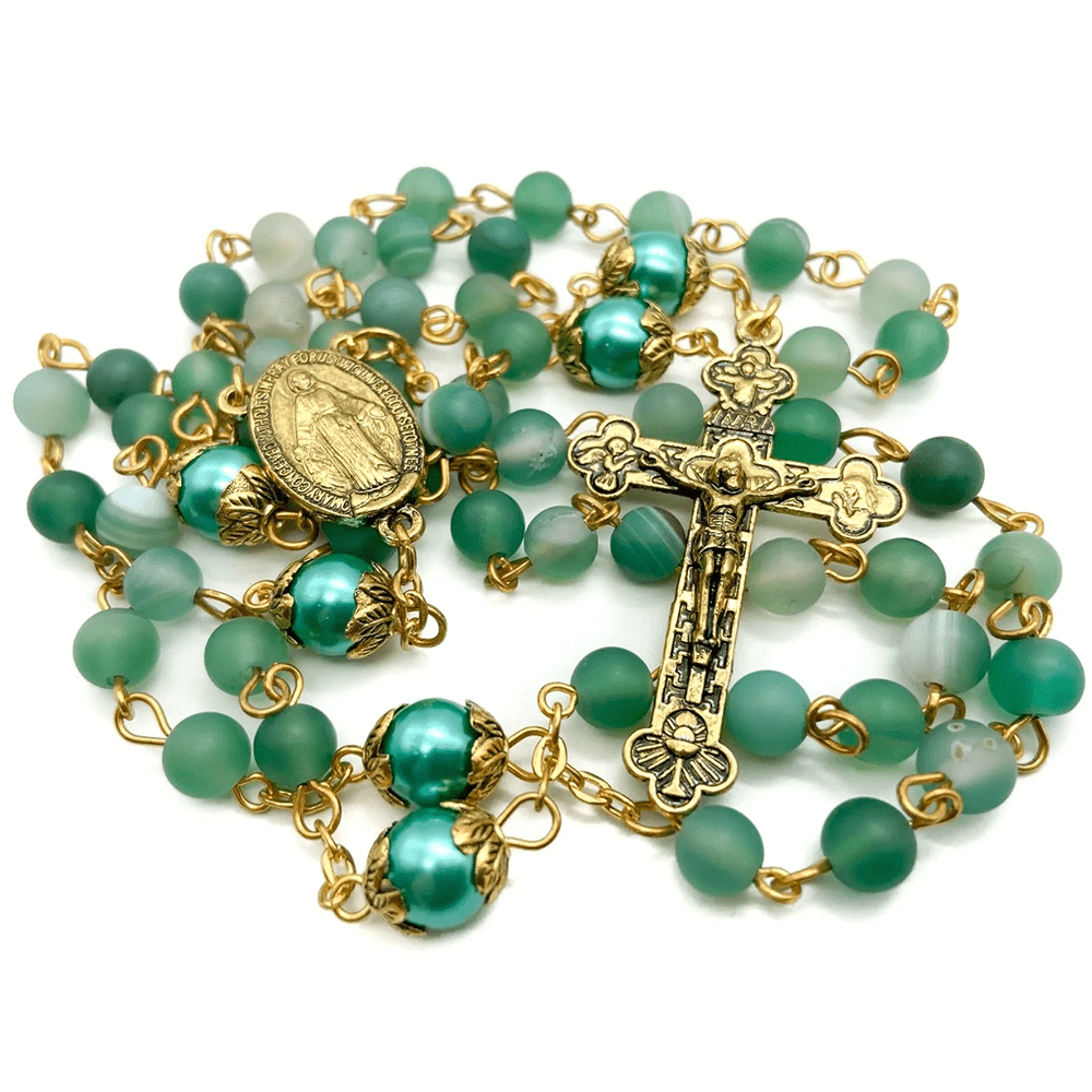 Christian Art Miraculous Medal & Crucifix of 6 mm Round Green Crystal Alloy Chain Rosary - image 0