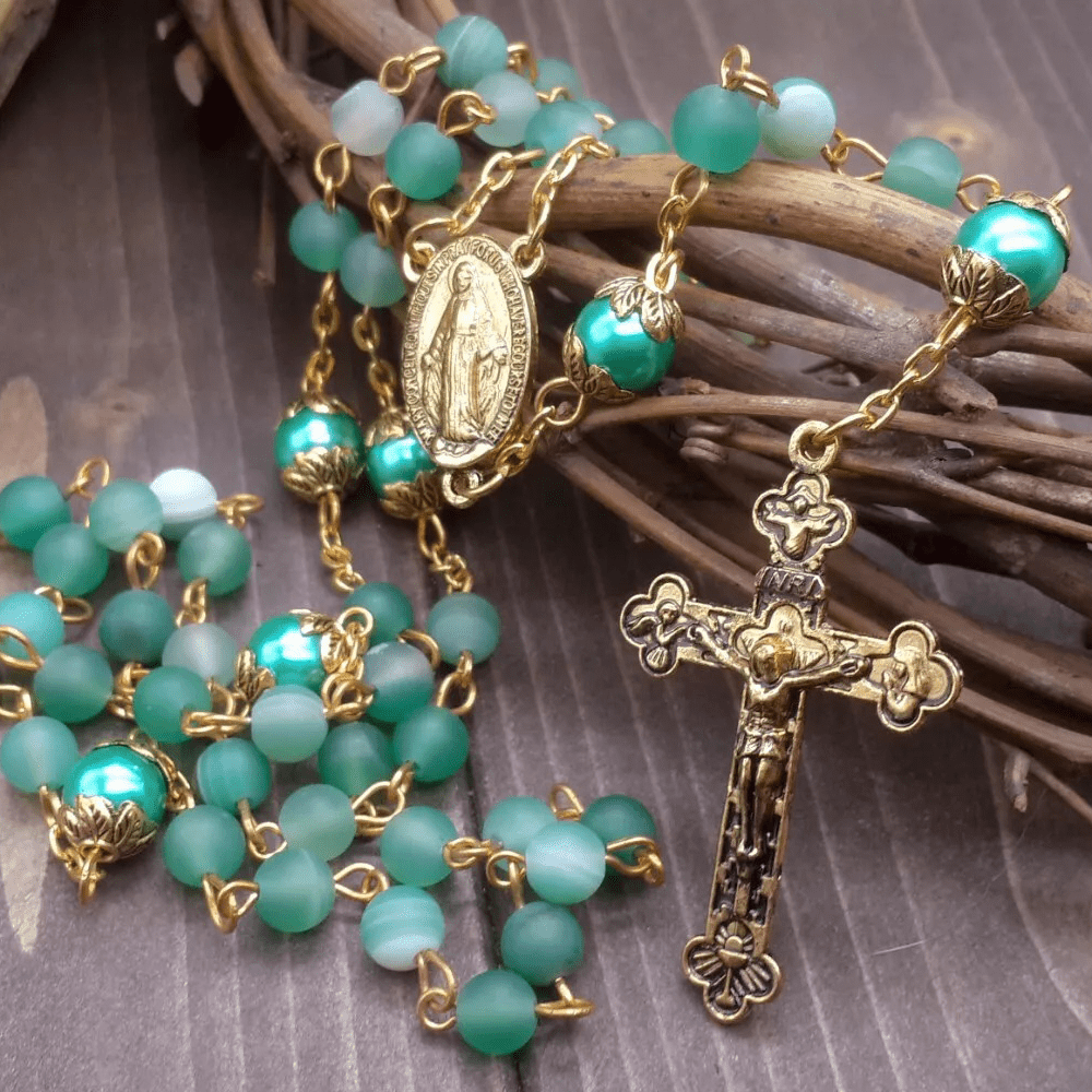 Christian Art Miraculous Medal & Crucifix of 6 mm Round Green Crystal Alloy Chain Rosary - Green - image 1