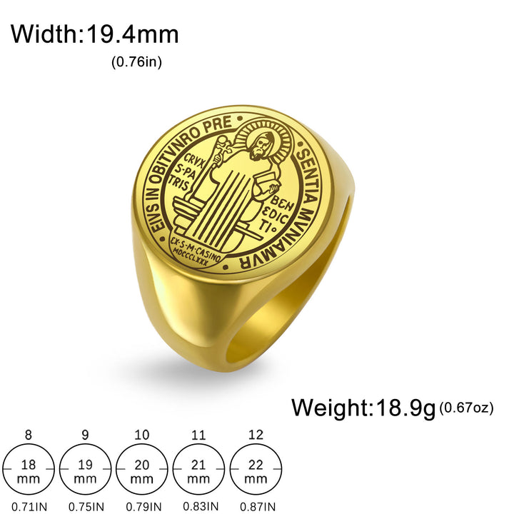 Retro-pop Style Engraved St. Benedict's Exorcism Medal Stainless Ring - image 9