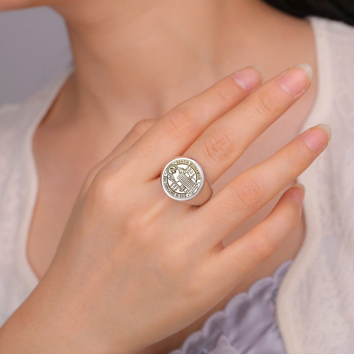 Retro-pop Style Engraved St. Benedict's Exorcism Medal Stainless Ring - image 6