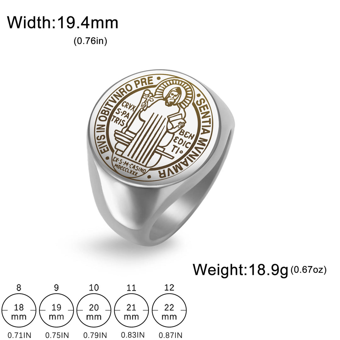 Retro-pop Style Engraved St. Benedict's Exorcism Medal Stainless Ring - image 8