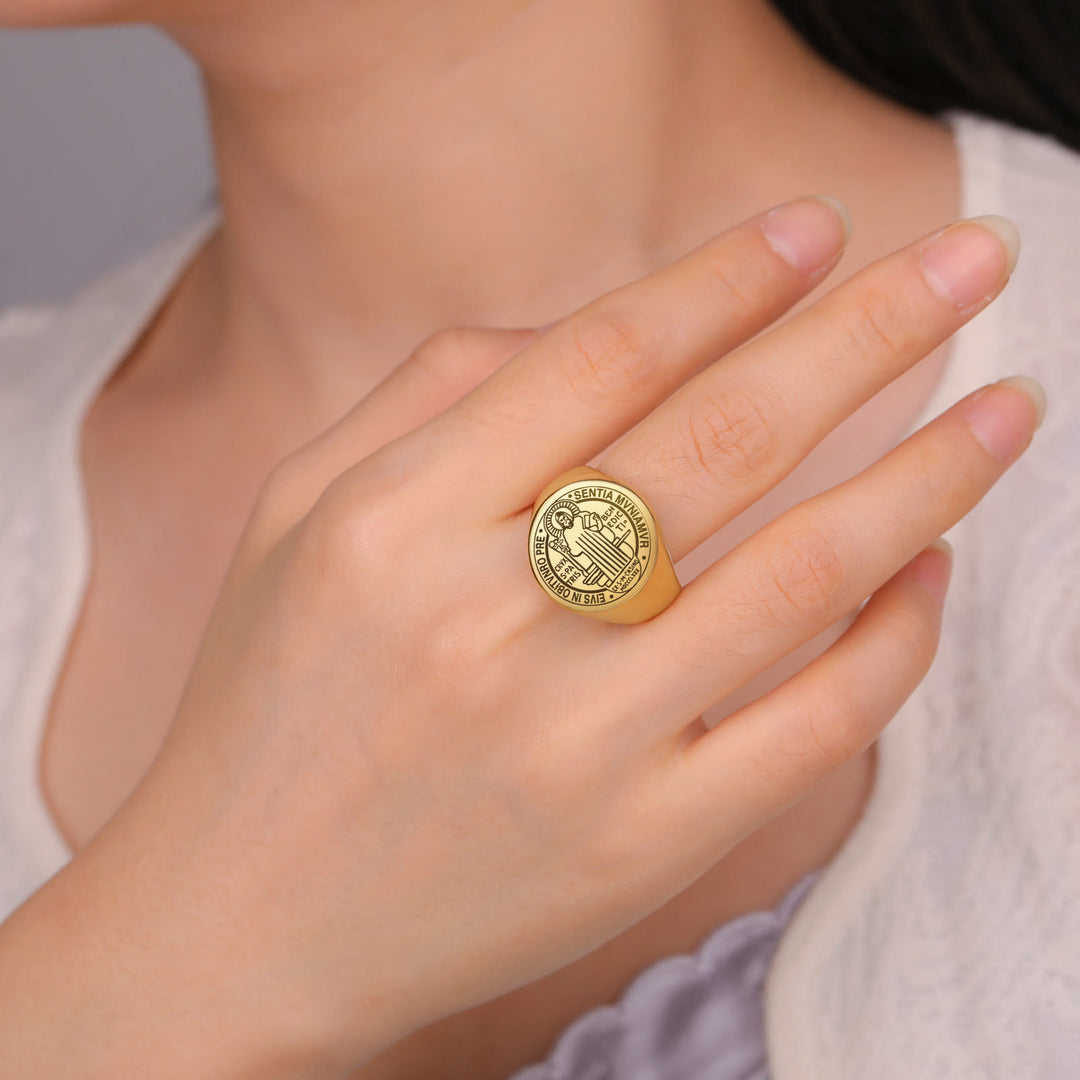 Retro-pop Style Engraved St. Benedict's Exorcism Medal Stainless Ring - image 7