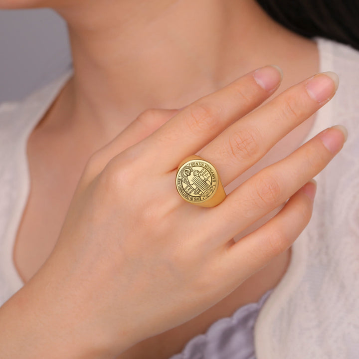 Retro-pop Style Engraved St. Benedict's Exorcism Medal Stainless Ring - image 7
