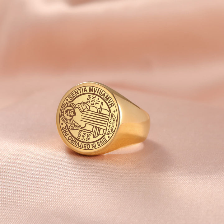 Retro-pop Style Engraved St. Benedict's Exorcism Medal Stainless Ring - Golden - US12 - image 5