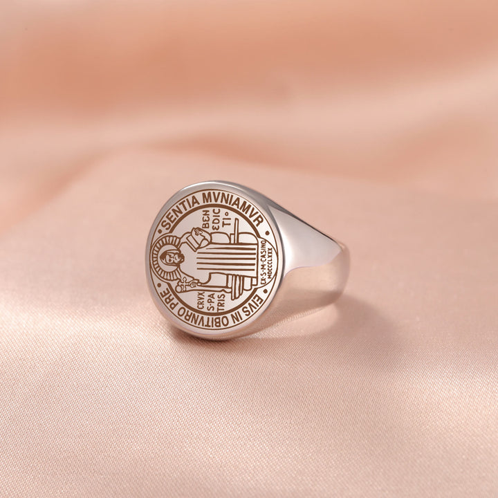 Retro-pop Style Engraved St. Benedict's Exorcism Medal Stainless Ring - image 4
