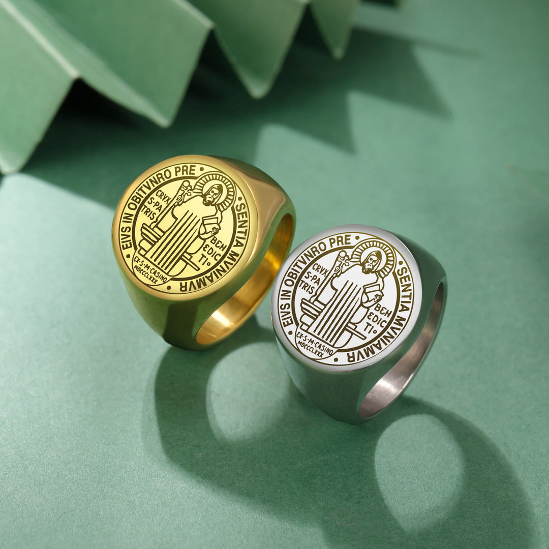 Retro-pop Style Engraved St. Benedict's Exorcism Medal Stainless Ring - Silver - US8 - image 1
