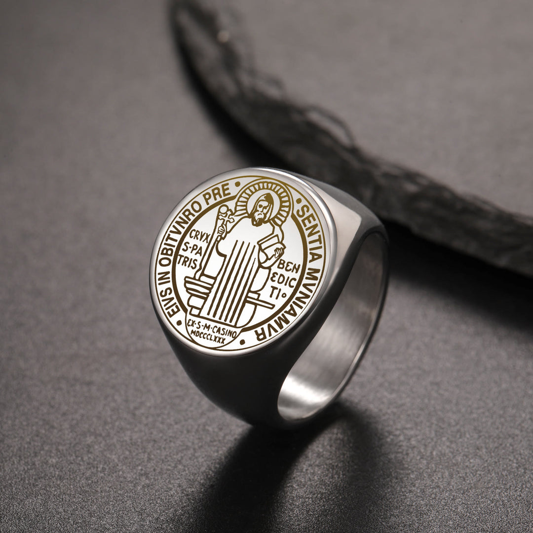 Retro-pop Style Engraved St. Benedict's Exorcism Medal Stainless Ring - image 3