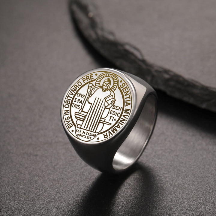 Retro-pop Style Engraved St. Benedict's Exorcism Medal Stainless Ring - image 3