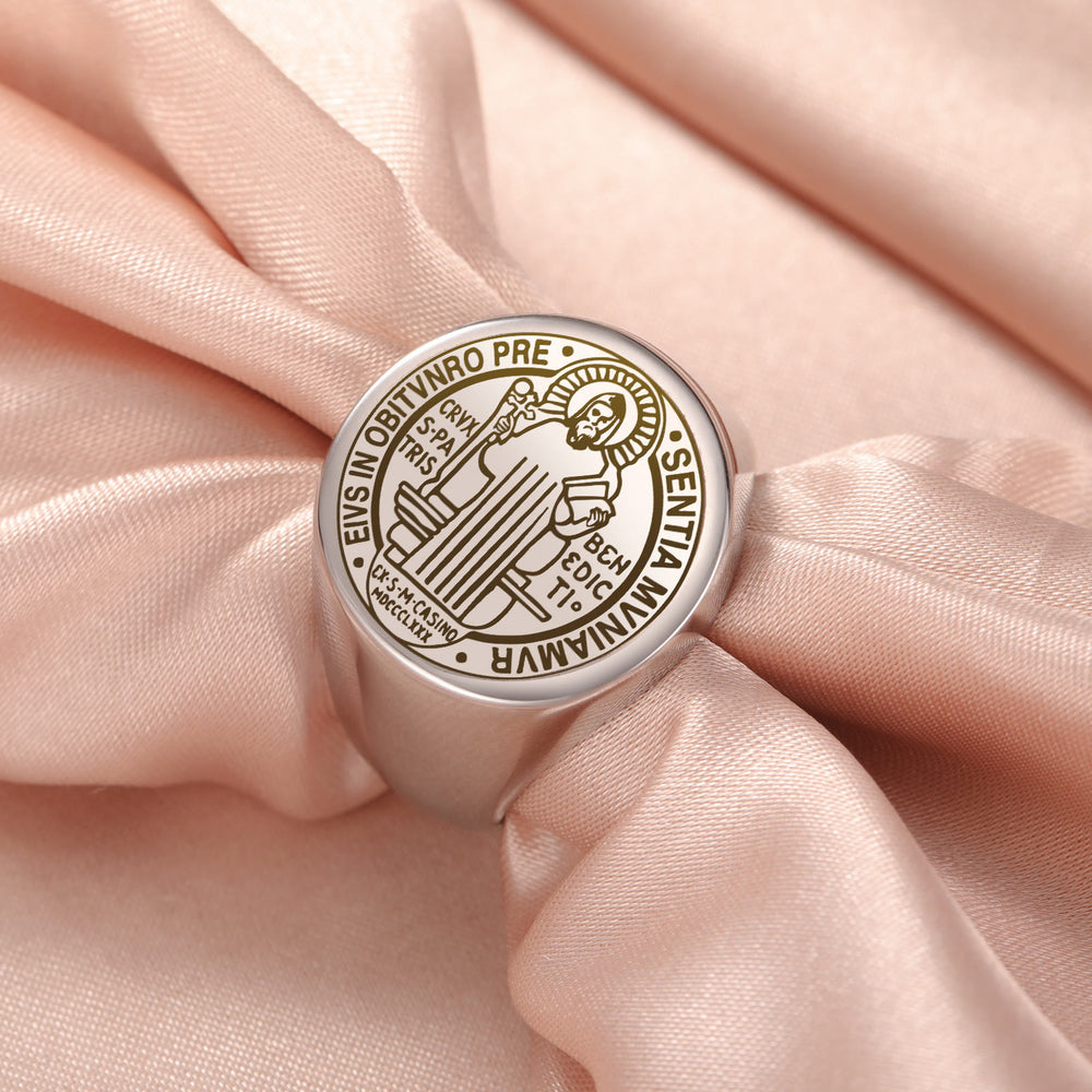 Retro-pop Style Engraved St. Benedict's Exorcism Medal Stainless Ring - Silver - US12 - image 2