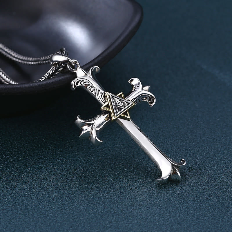 Fashion Sober Style Cross of God's Eye Square Pearl Chain Pendant Necklace - image 2
