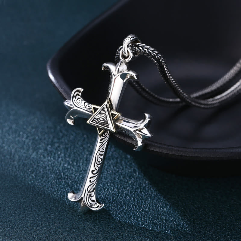Fashion Sober Style Cross of God's Eye Square Pearl Chain Pendant Necklace - Silver - image 1