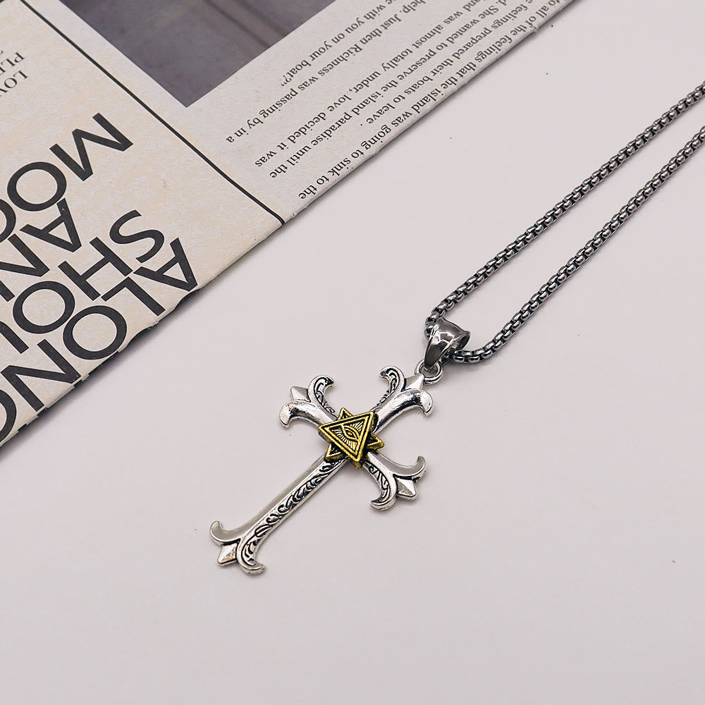 Fashion Sober Style Cross of God's Eye Square Pearl Chain Pendant Necklace - Golden - image 7