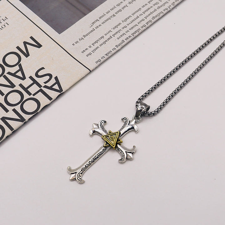 Fashion Sober Style Cross of God's Eye Square Pearl Chain Pendant Necklace - Golden - image 7