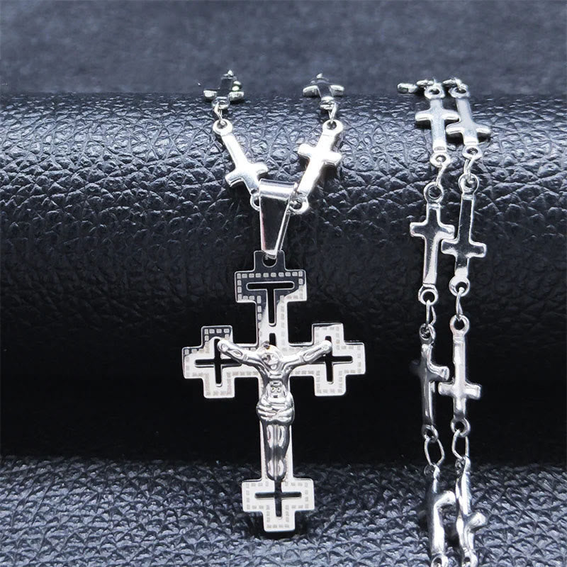 Retro Noble Style Crucifix with Cross Chain Pendant Necklace - Silver - image 2