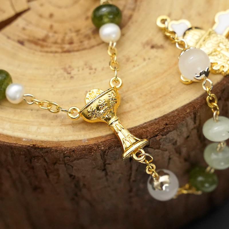 Holy Grail & Crucifix with Eucharistic of 5*8 mm Round Green Chalcedony Alloy Chain Rosary - image 6