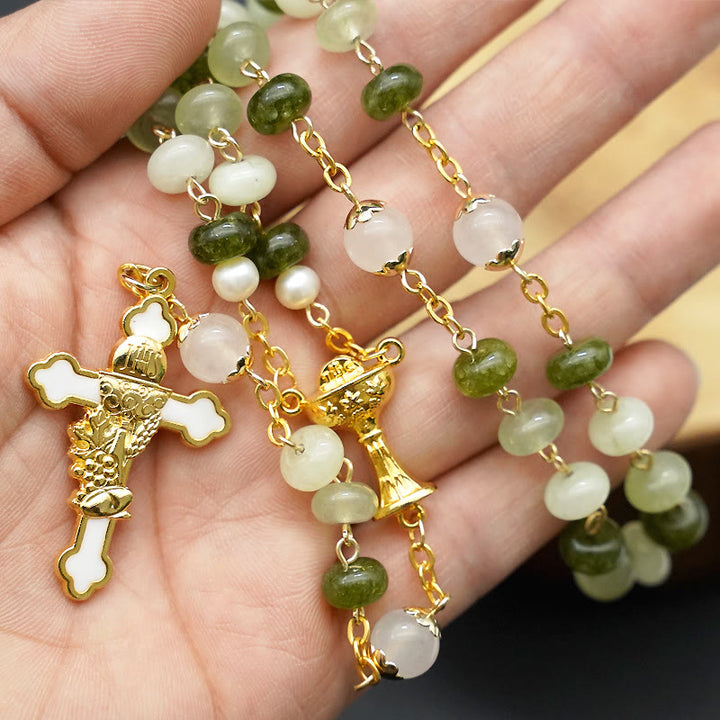 Holy Grail & Crucifix with Eucharistic of 5*8 mm Round Green Chalcedony Alloy Chain Rosary - image 4