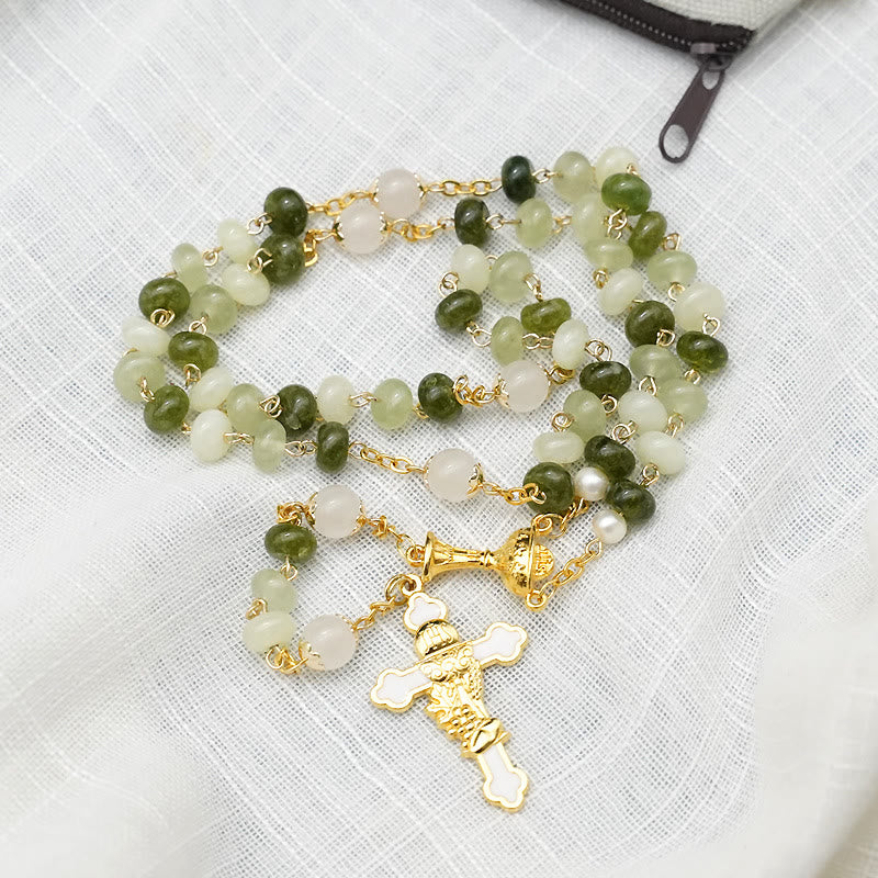 Holy Grail & Crucifix with Eucharistic of 5*8 mm Round Green Chalcedony Alloy Chain Rosary - image 5