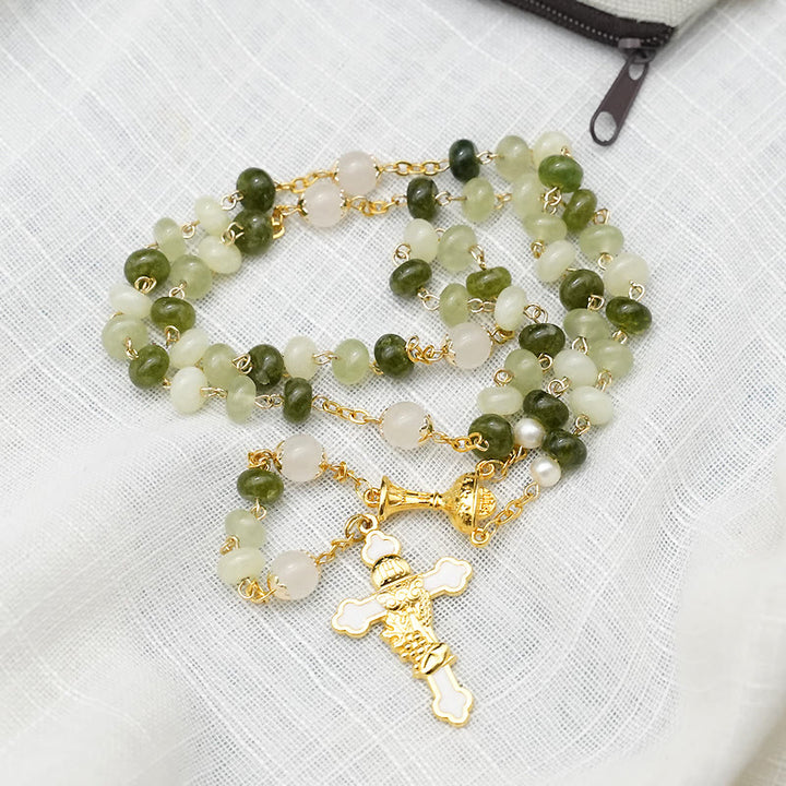 Holy Grail & Crucifix with Eucharistic of 5*8 mm Round Green Chalcedony Alloy Chain Rosary - image 5