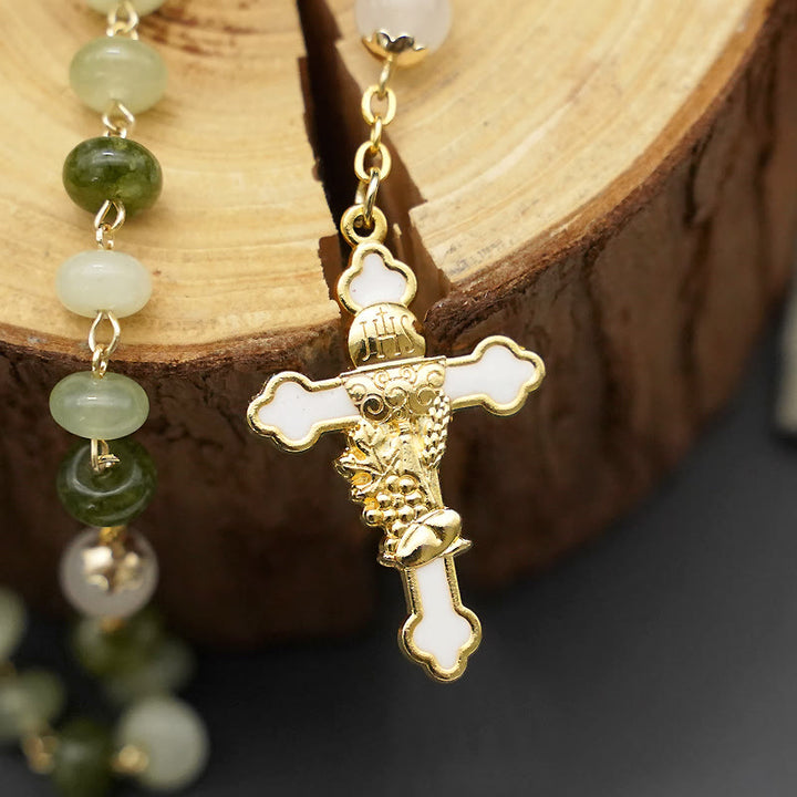 Holy Grail & Crucifix with Eucharistic of 5*8 mm Round Green Chalcedony Alloy Chain Rosary - image 7