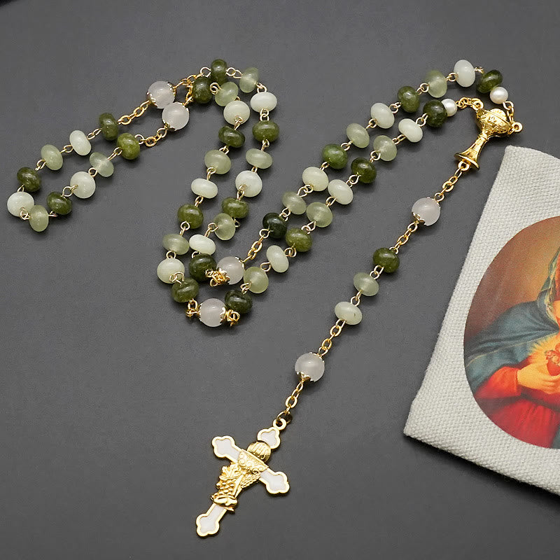 Holy Grail & Crucifix with Eucharistic of 5*8 mm Round Green Chalcedony Alloy Chain Rosary - image 2