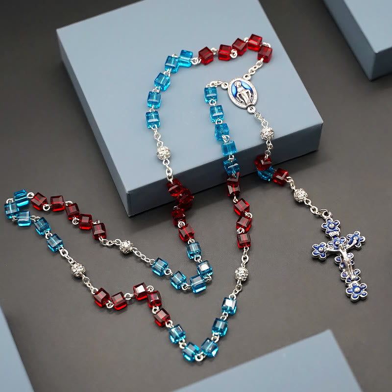 Miraculous Medal & Crucifix of 6 mm Square Multicolor Crystal Alloy Chain Rosary - Blue & Red - image 1