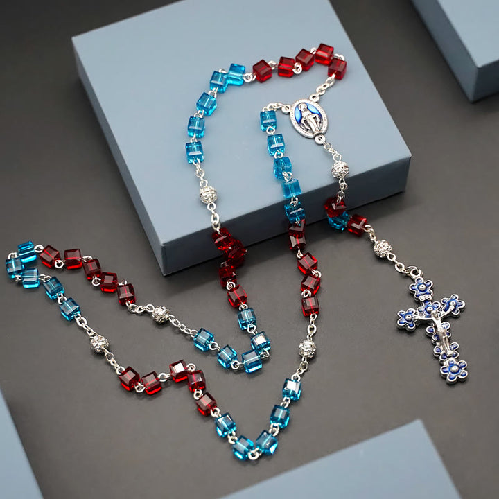 Miraculous Medal & Crucifix of 6 mm Square Multicolor Crystal Alloy Chain Rosary - Blue & Red - image 1