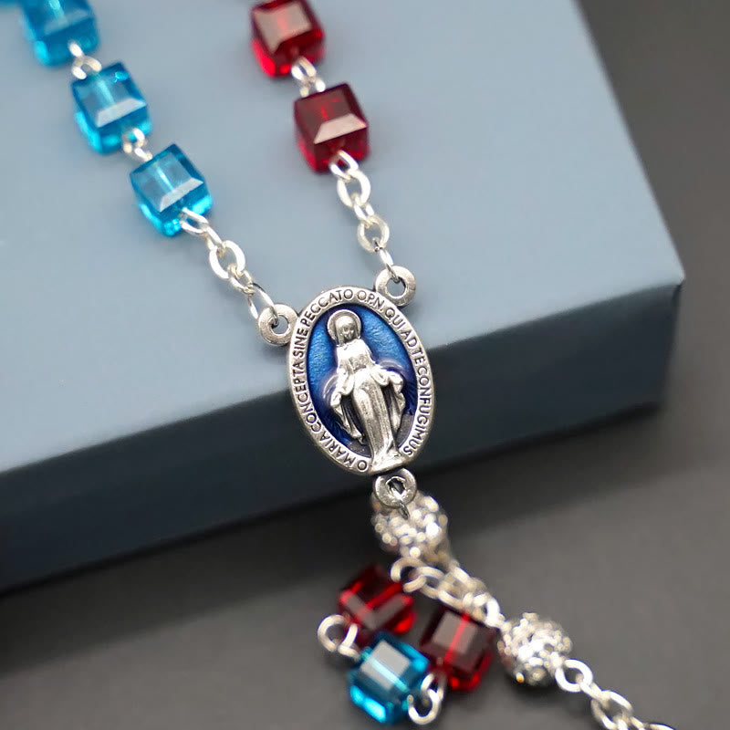 Miraculous Medal & Crucifix of 6 mm Square Multicolor Crystal Alloy Chain Rosary - image 5