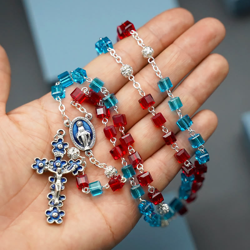 Miraculous Medal & Crucifix of 6 mm Square Multicolor Crystal Alloy Chain Rosary - image 2