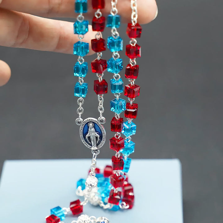Miraculous Medal & Crucifix of 6 mm Square Multicolor Crystal Alloy Chain Rosary - image 3