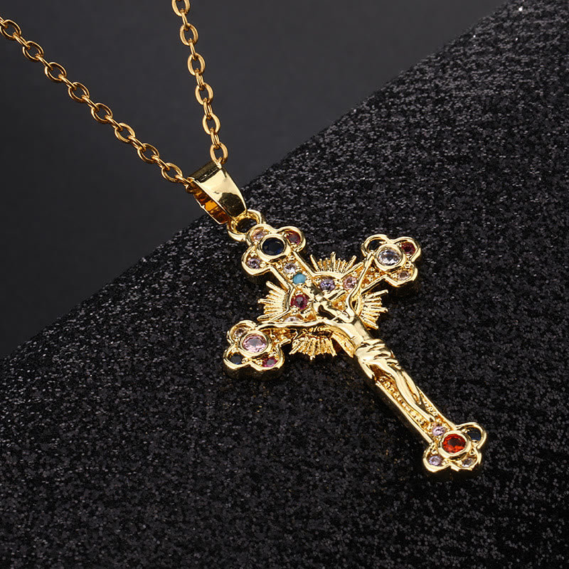 Fresh Pastoral Style Crucifix with Biblical Colorful Gemstones Pendant Necklace - image 3