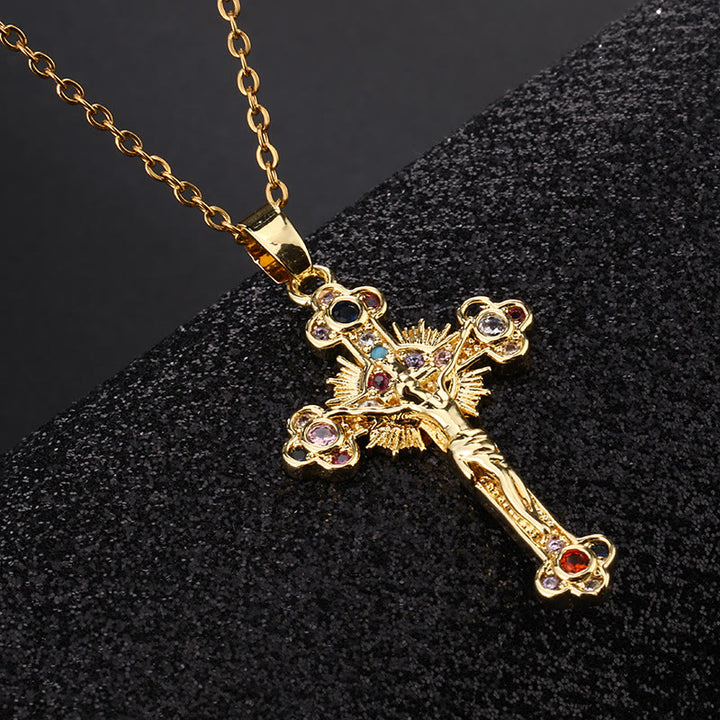Fresh Pastoral Style Crucifix with Biblical Colorful Gemstones Pendant Necklace - image 3