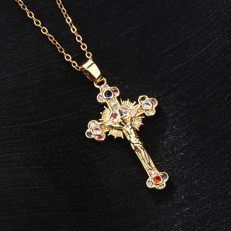 Fresh Pastoral Style Crucifix with Biblical Colorful Gemstones Pendant Necklace - image 4