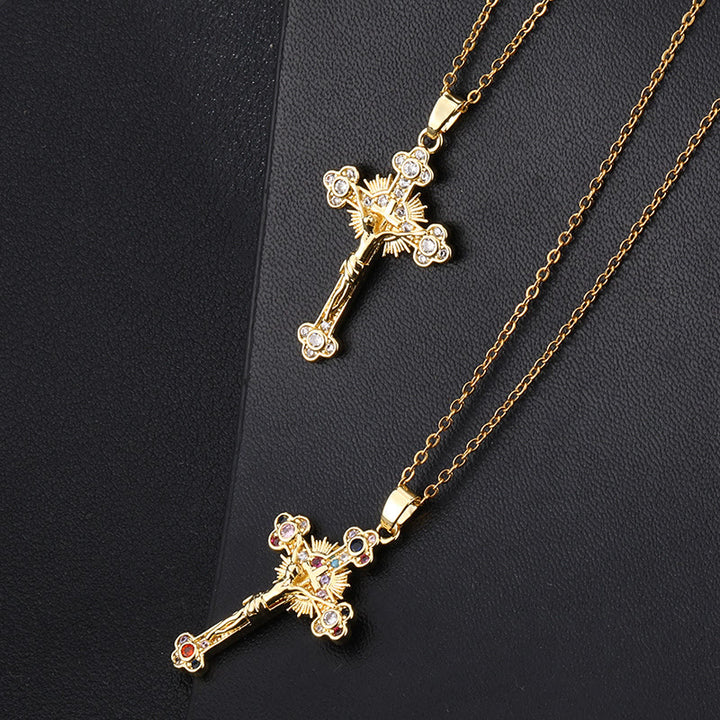 Fresh Pastoral Style Crucifix with Biblical Colorful Gemstones Pendant Necklace - image 2