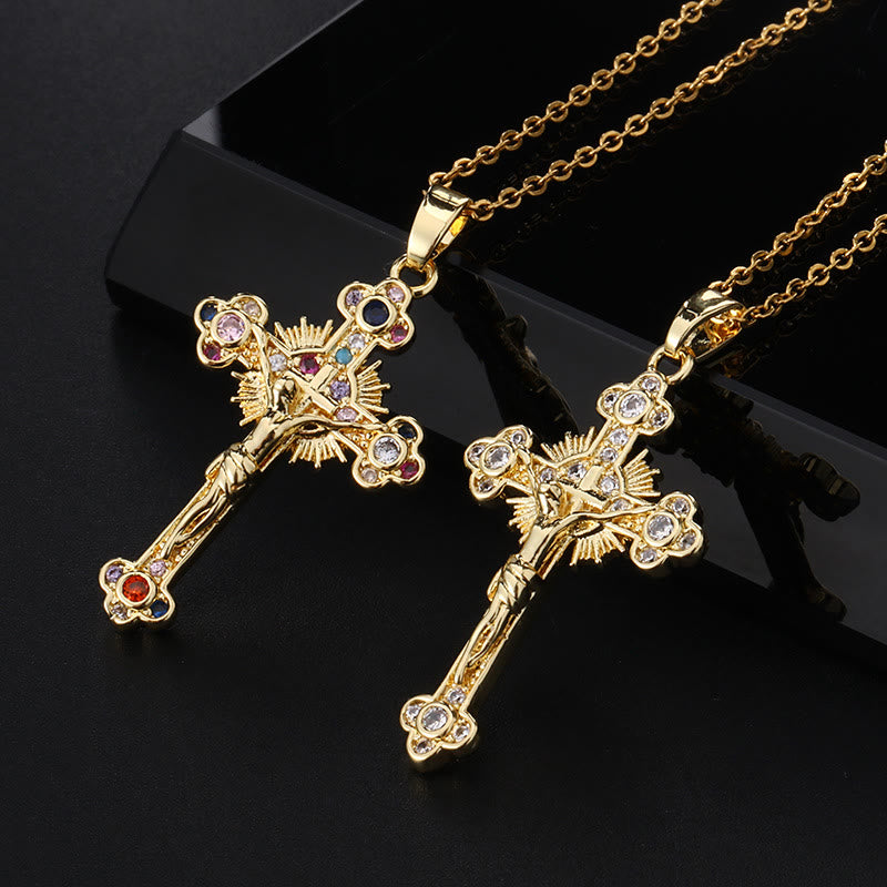 Fresh Pastoral Style Crucifix with Biblical Colorful Gemstones Pendant Necklace - White - image 1