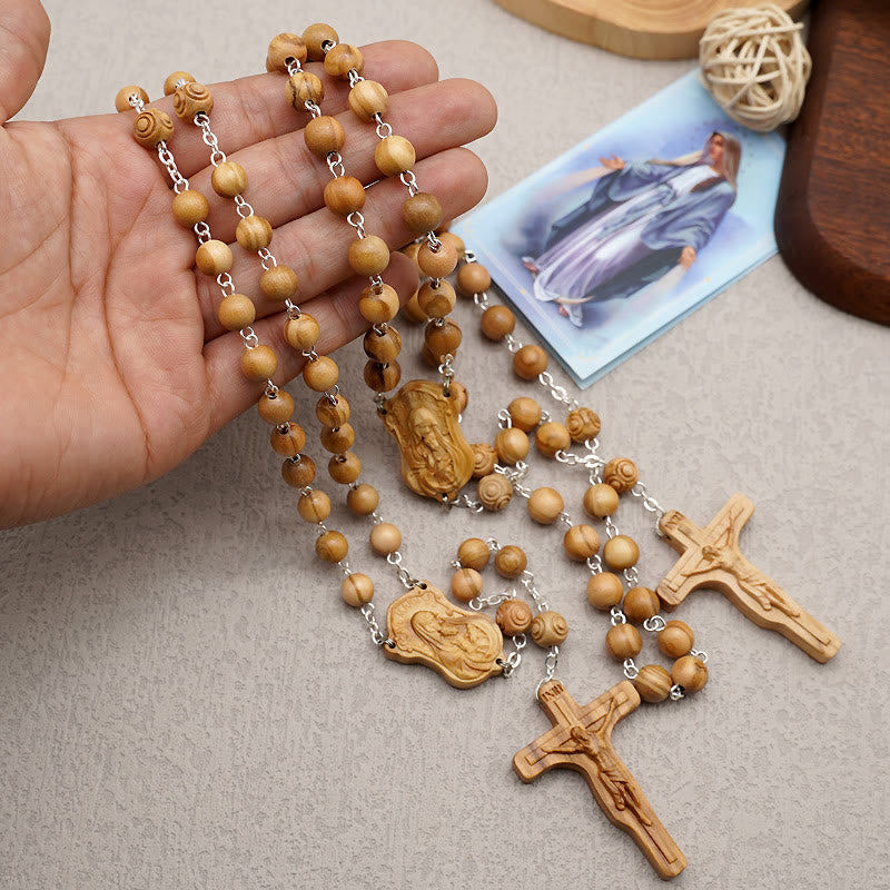 Madonna and Child & Crucifix of 8 mm Round Multicolor Olive Wood Alloy Chain Rosary - image 5