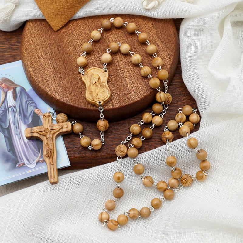 Madonna and Child & Crucifix of 8 mm Round Multicolor Olive Wood Alloy Chain Rosary - Olive Wood--7mm - image 1