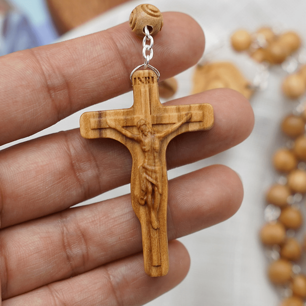 Madonna and Child & Crucifix of 8 mm Round Multicolor Olive Wood Alloy Chain Rosary - image 7