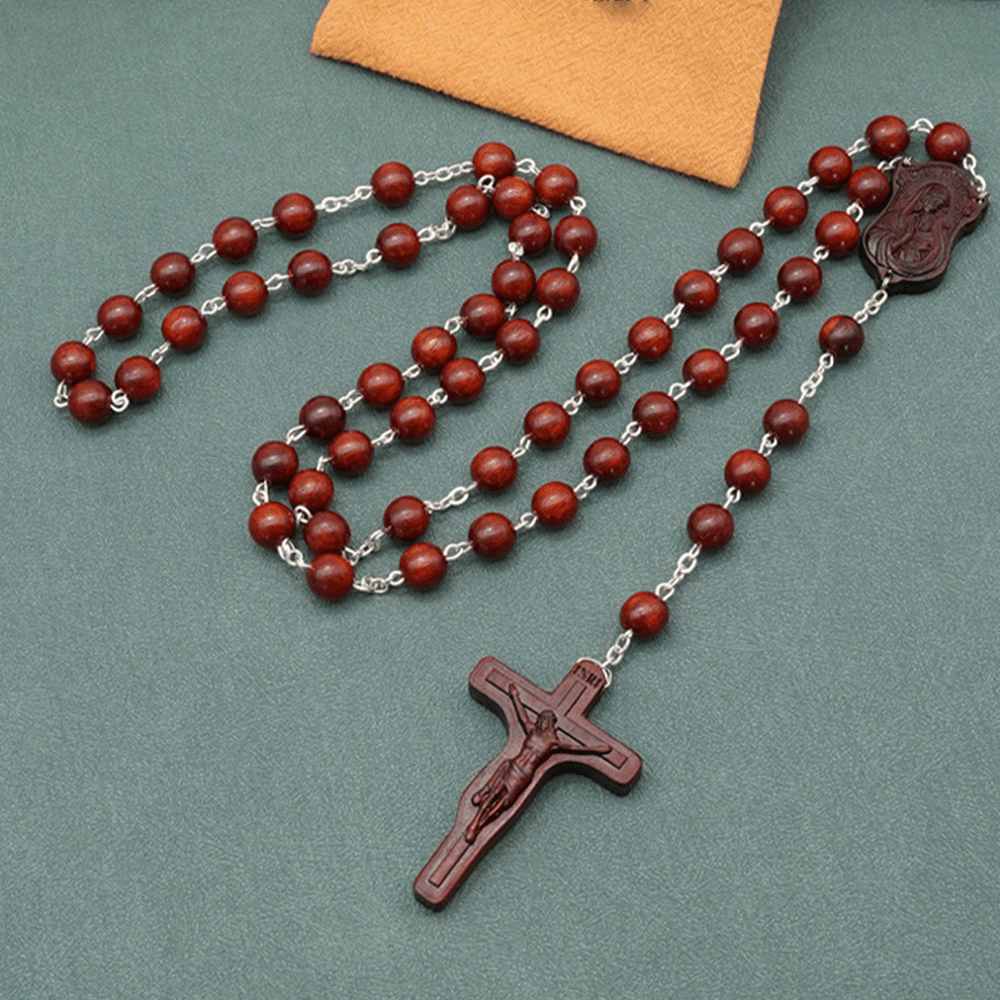 Madonna and Child & Crucifix of 8 mm Round Multicolor Olive Wood Alloy Chain Rosary - Rosewood--8mm - image 1