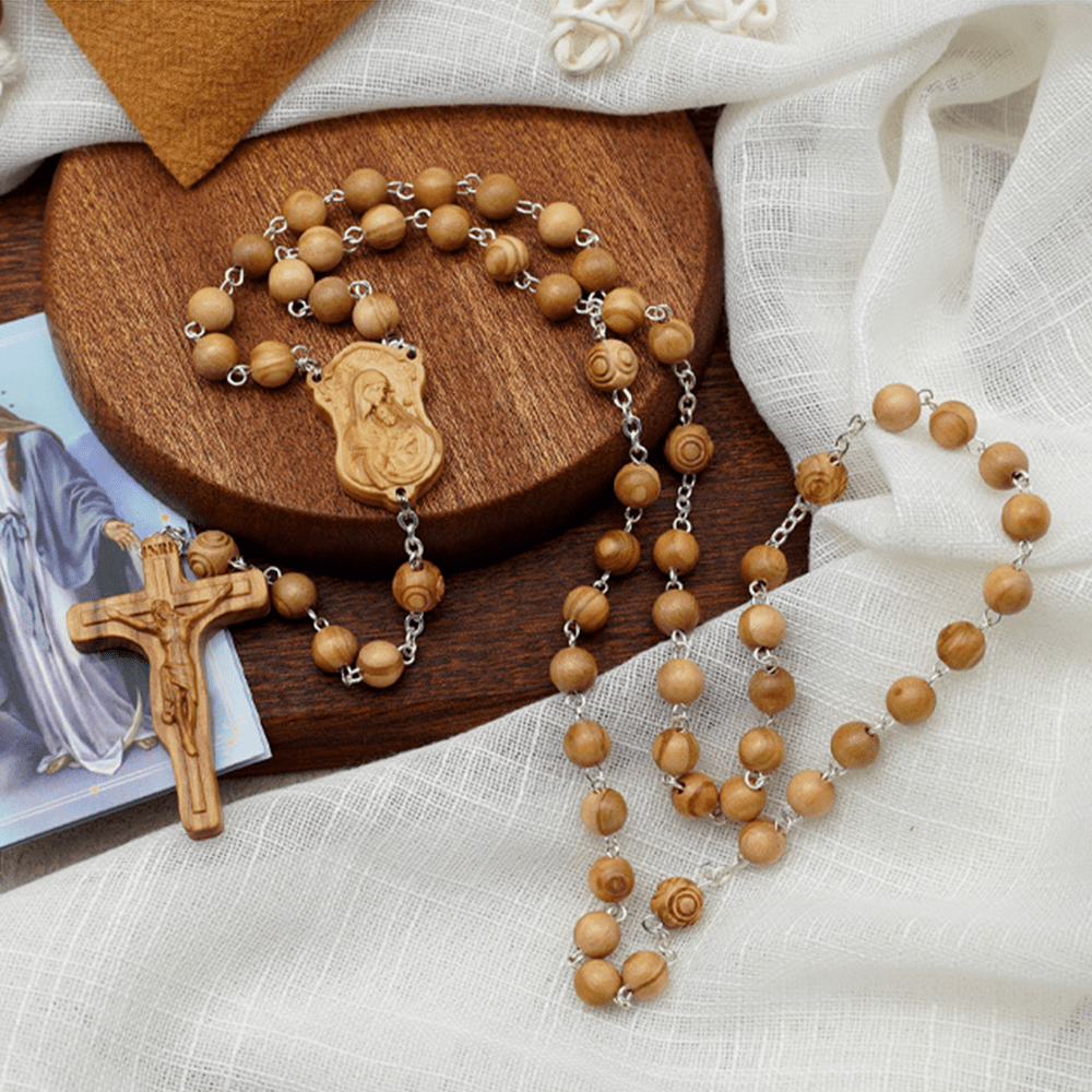 Madonna and Child & Crucifix of 8 mm Round Multicolor Olive Wood Alloy Chain Rosary - image 4