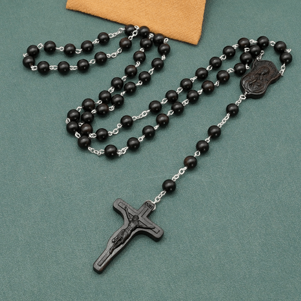 Madonna and Child & Crucifix of 8 mm Round Multicolor Olive Wood Alloy Chain Rosary - Ebony--8mm - image 3